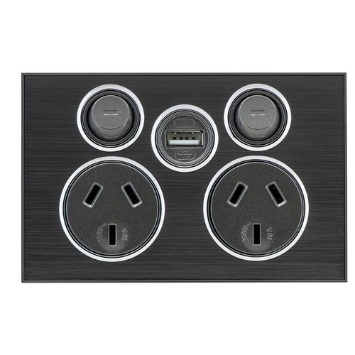 Clipsal Saturn Double Powerpoint + USB Charger Horizon Black