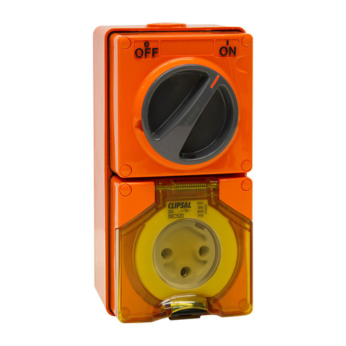 Clipsal 56 Series Round 3 Pin 32A Switched Socket Resistant Orange