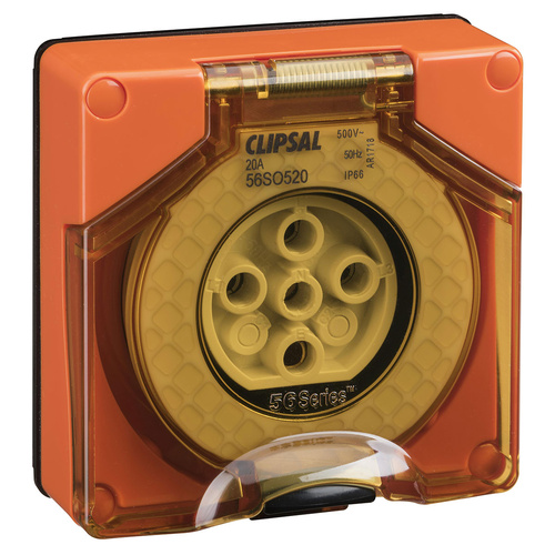 Clipsal 56 Series Round 5 Pin 20A Wall Socket Less Enclosure Resistant Orange