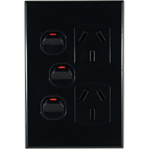 Connected Switchgear GEO Vertical Double Powerpoint + Extra Switch Black